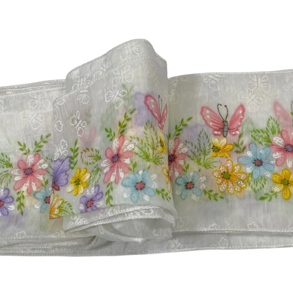 White Fabric Ribbon Butterfly Floral Trim Sheer Cottagecore Boho‎ Spring